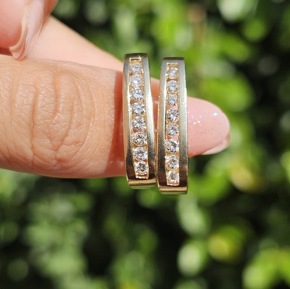 Vintage 14k Gold Diamond Rectangle Huggies - Picture 3 of 10